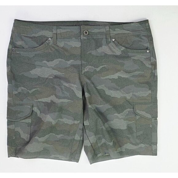 Kuhl Size 14 Womens Green Camo Belt Loop Logo 6 Pocket Zip Draw String Shorts - Picture 1 of 12